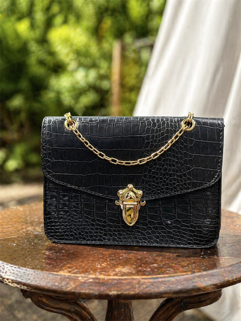 Croco Siyah Çanta Gold Zincirli Vintage