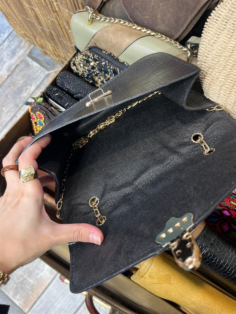 Croco Siyah Çanta Gold Zincirli Vintage
