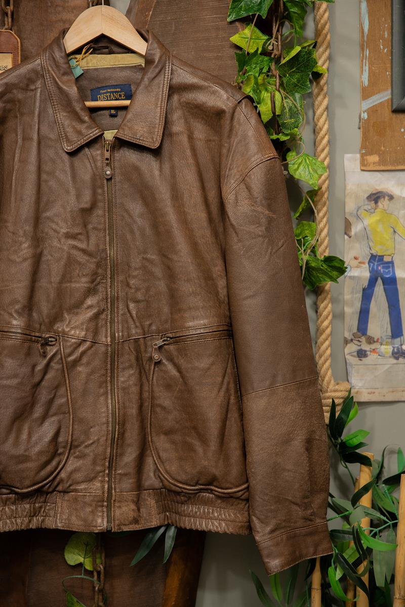 DISTANCE Brown Classic Bomber Deri Ceket