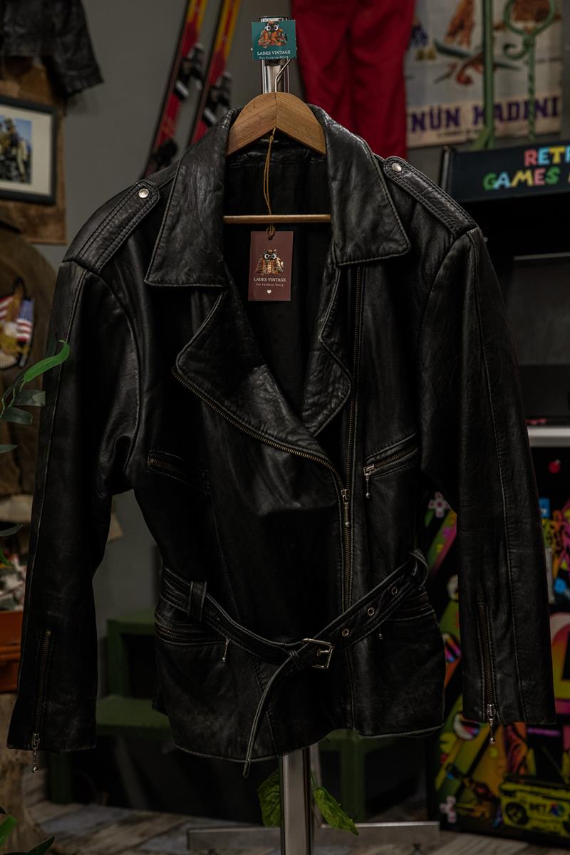 Eskitme American Kemerli Biker Deri Ceket