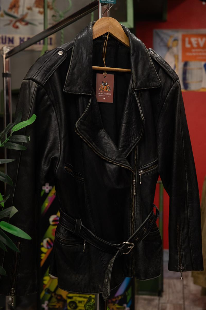 Eskitme American Kemerli Biker Deri Ceket