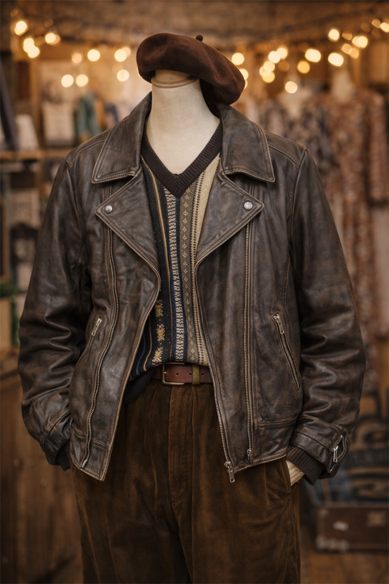 Eskitme Biker Deri Ceket