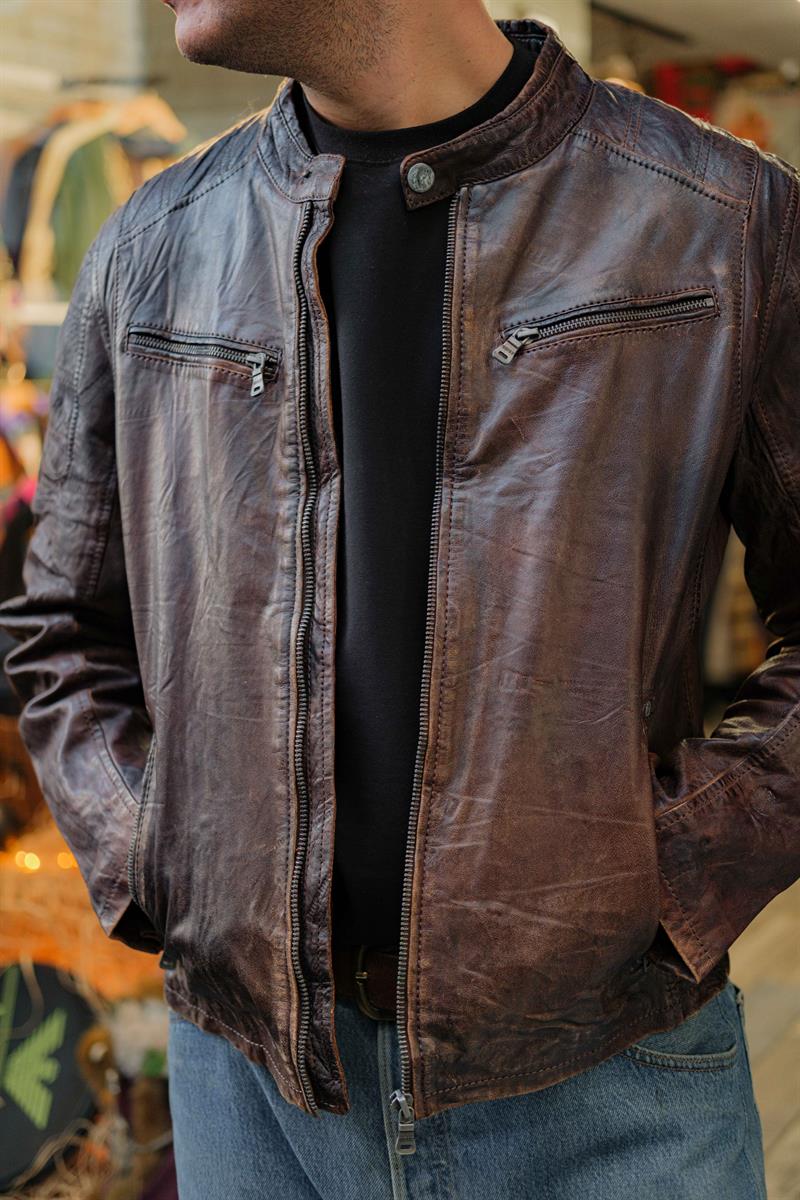 GIPSY Kahve Eskitme Biker Vintage Unisex Deri Ceket