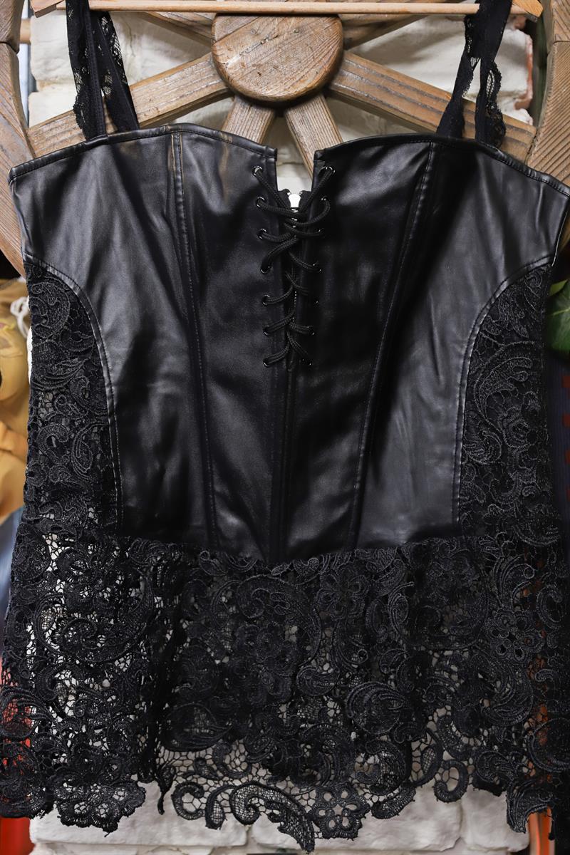 Goth Bağcıklı Dantel Deri Bustiyer