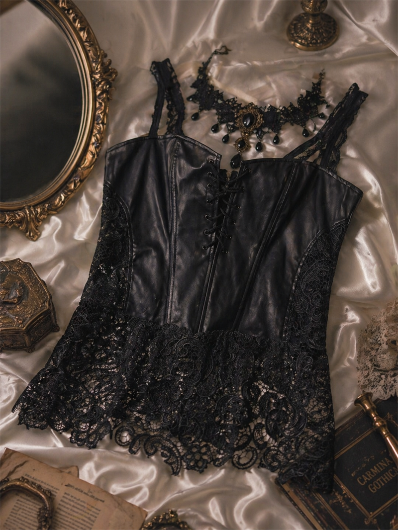 Goth Bağcıklı Dantel Deri Bustiyer