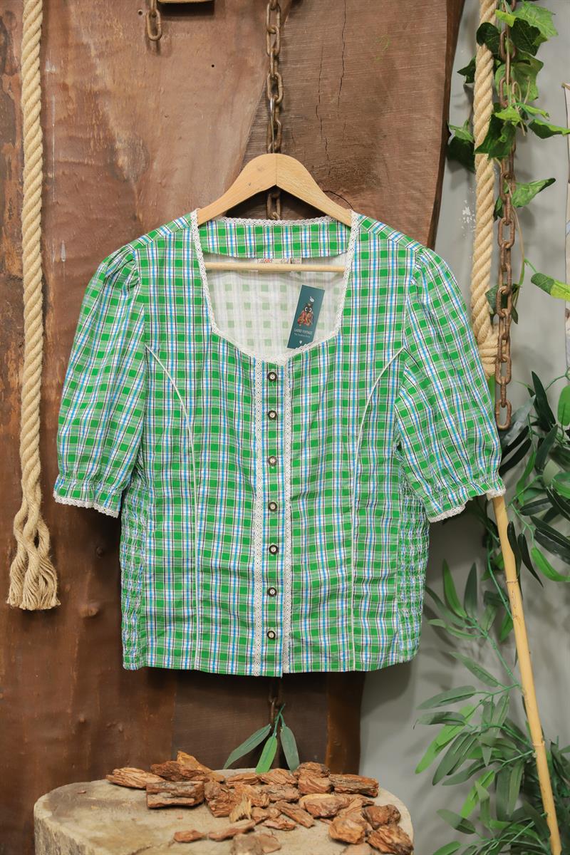 Green Kareli Dantel Detay Bluz