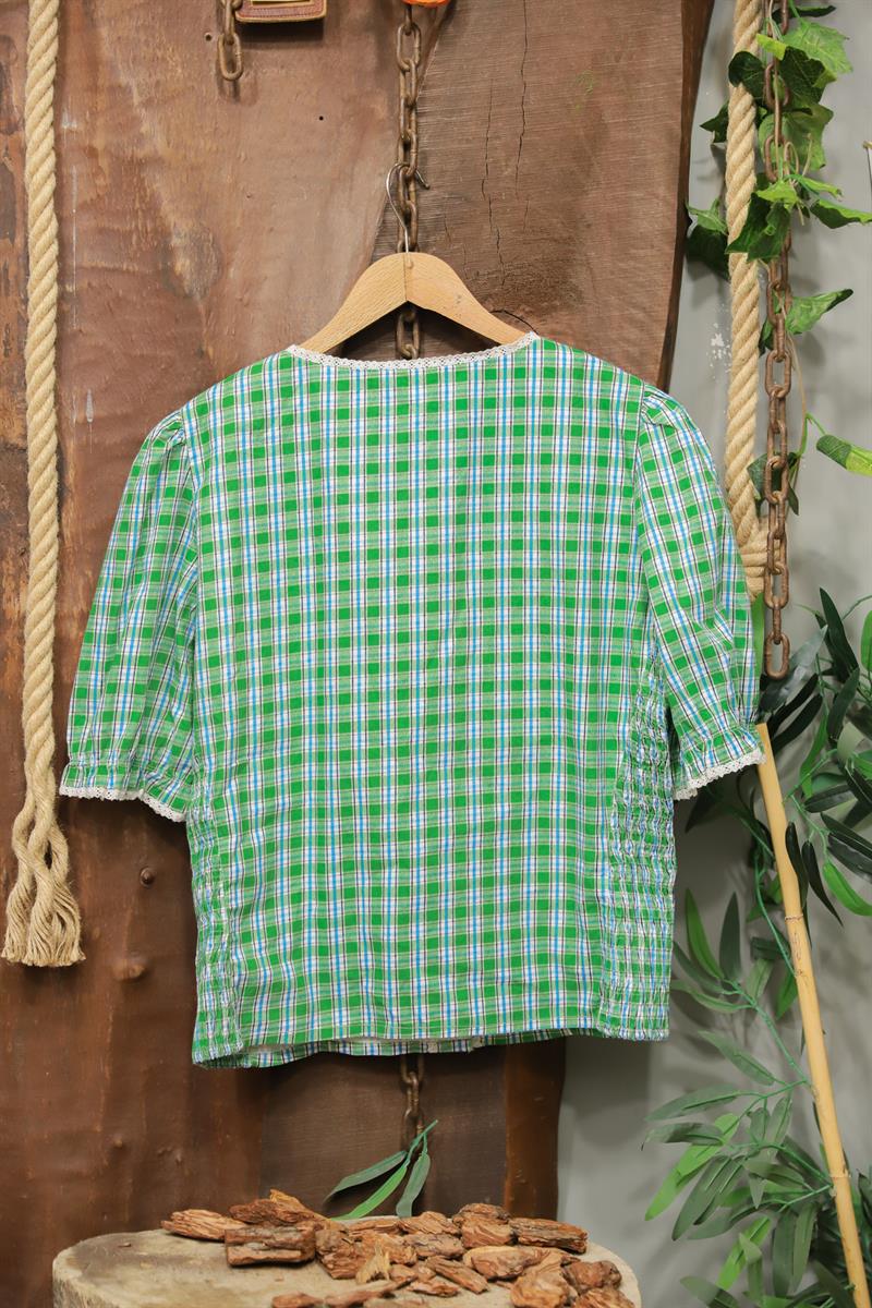 Green Kareli Dantel Detay Bluz