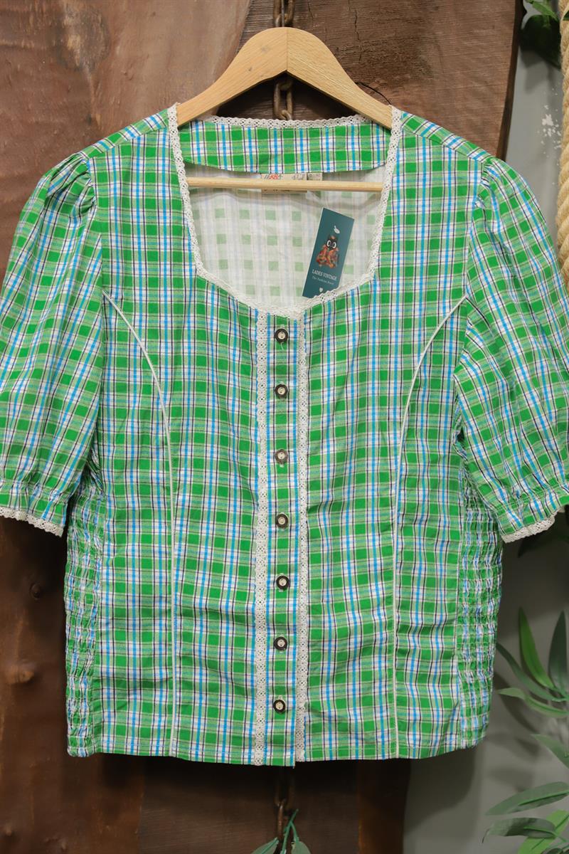Green Kareli Dantel Detay Bluz