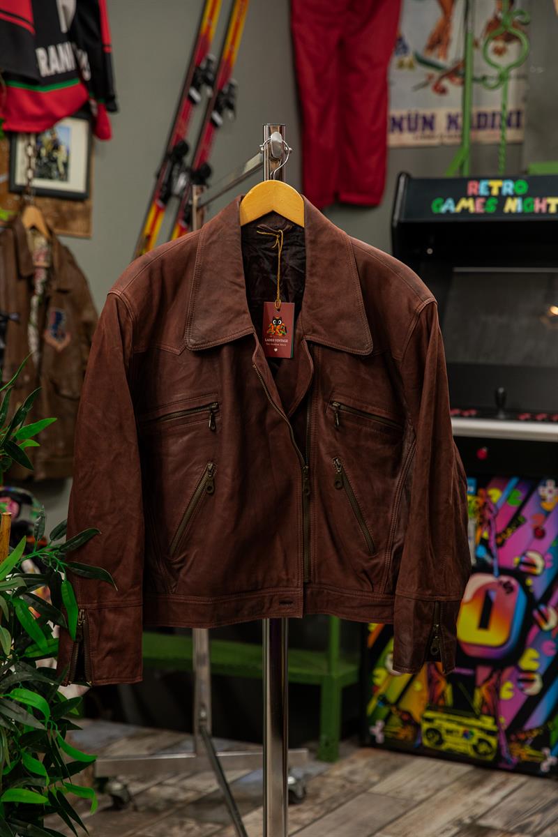 İtalian Biker Model Acı Kahve Ton Unisex Deri Ceket