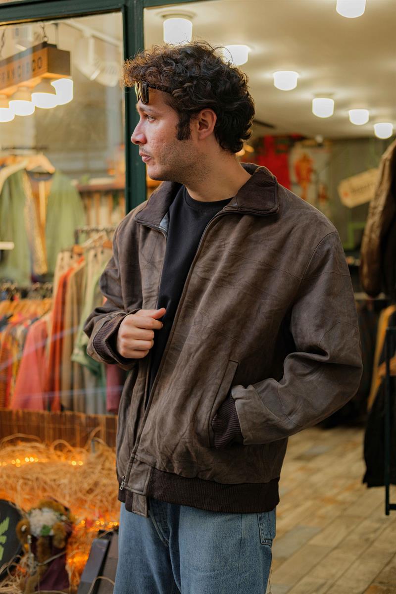 Kahve Bomber Vintage Unisex Deri Ceket