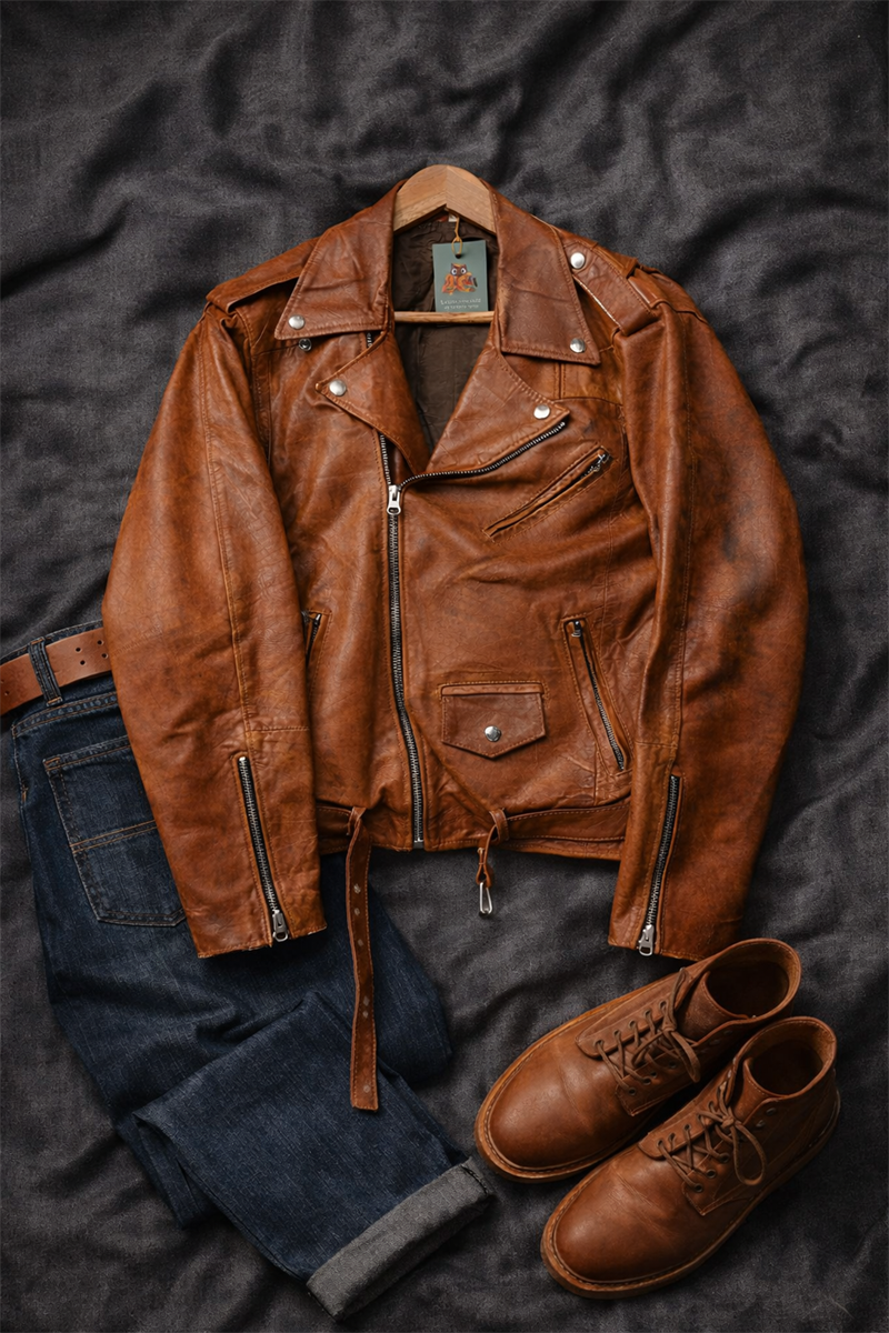 Kahve Renk Classic Biker Deri Ceket