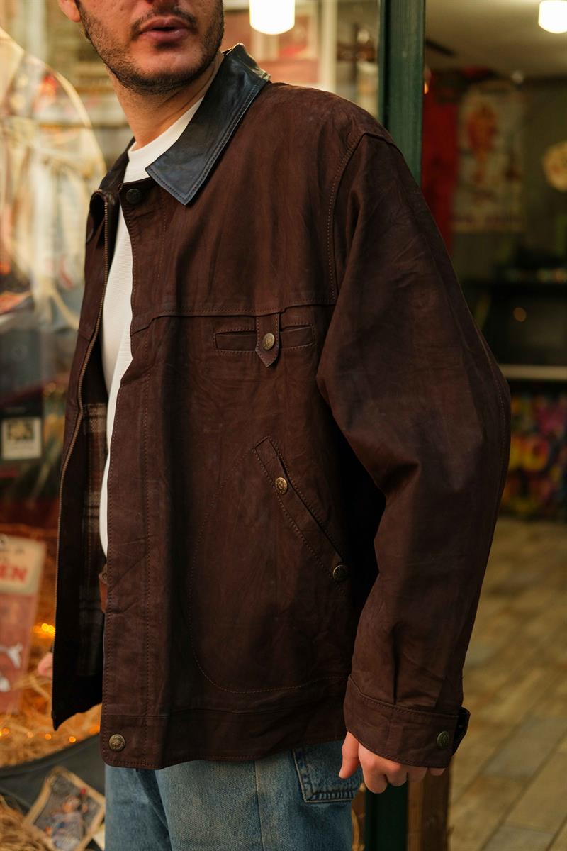 KAPRIUS Yaka Detay Casual Unisex Deri Ceket