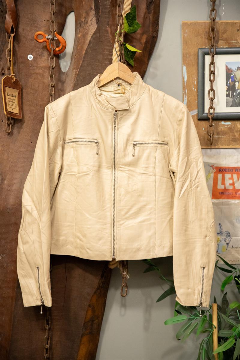 Krem Biker Deri Ceket