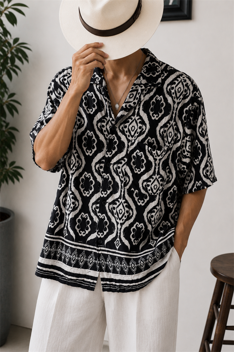 Kübik Damask Motifli Oversize Gömlek