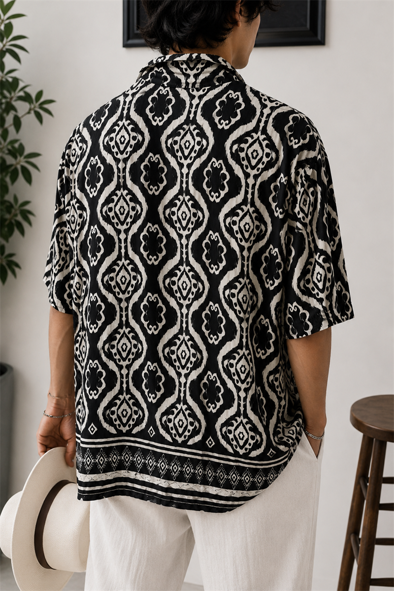 Kübik Damask Motifli Oversize Gömlek