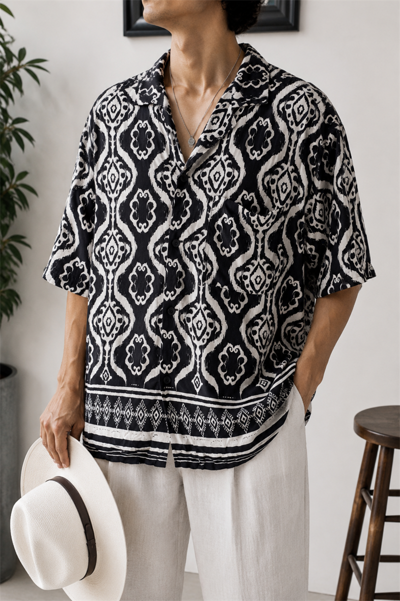 Kübik Damask Motifli Oversize Gömlek