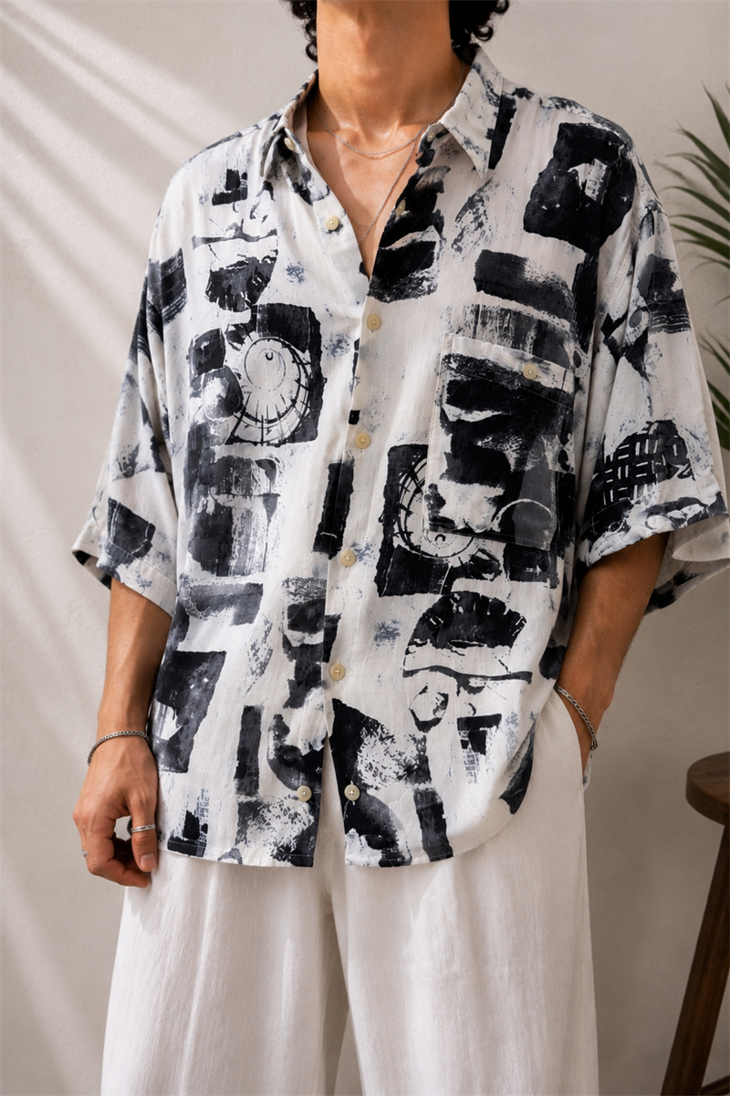 Kübik Motifli Oversize Gömlek