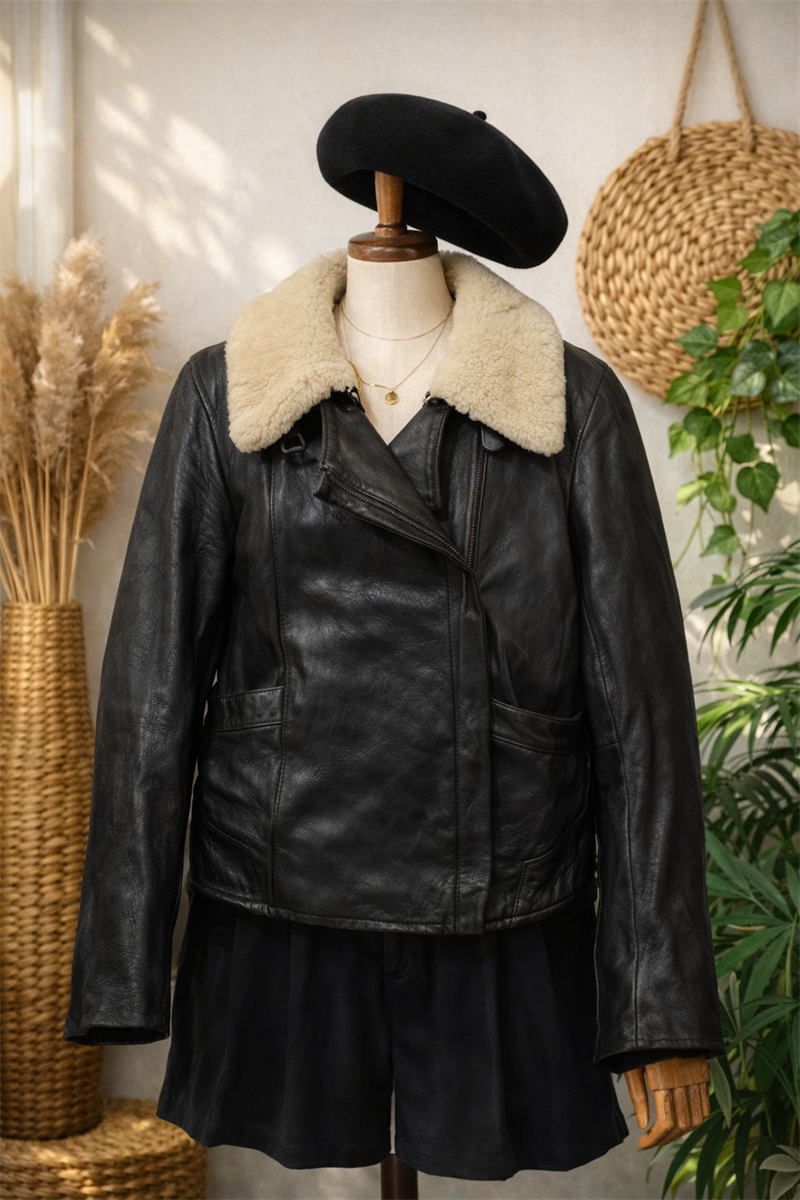 Kürk Yaka Classic Biker Deri Ceket