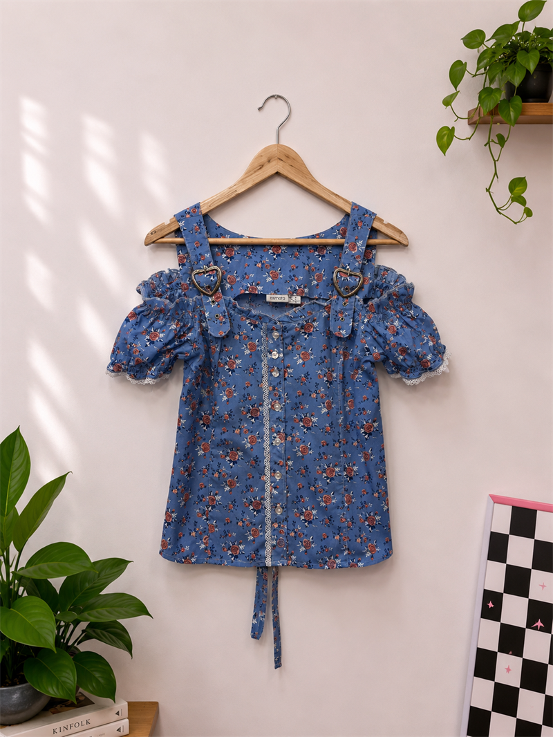 Lace Trimmed Blue Blouse