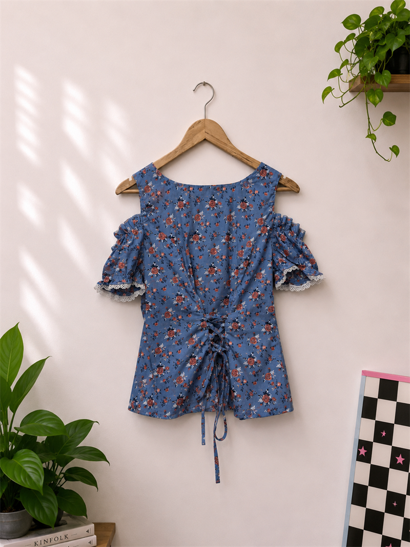 Lace Trimmed Blue Blouse