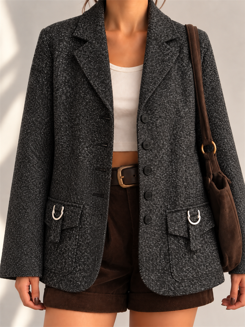 Metal Tokalı Classic Tweed Yün Ceket