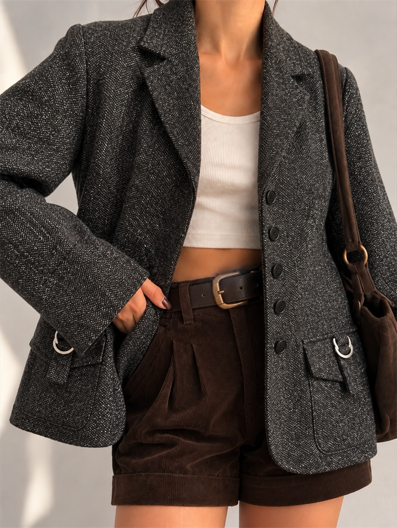 Metal Tokalı Classic Tweed Yün Ceket