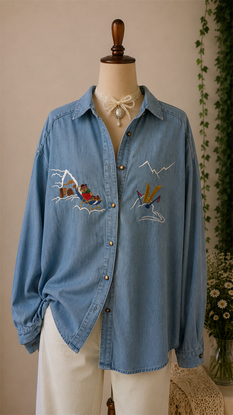 Nakışlı 1990s Denim Gömlek