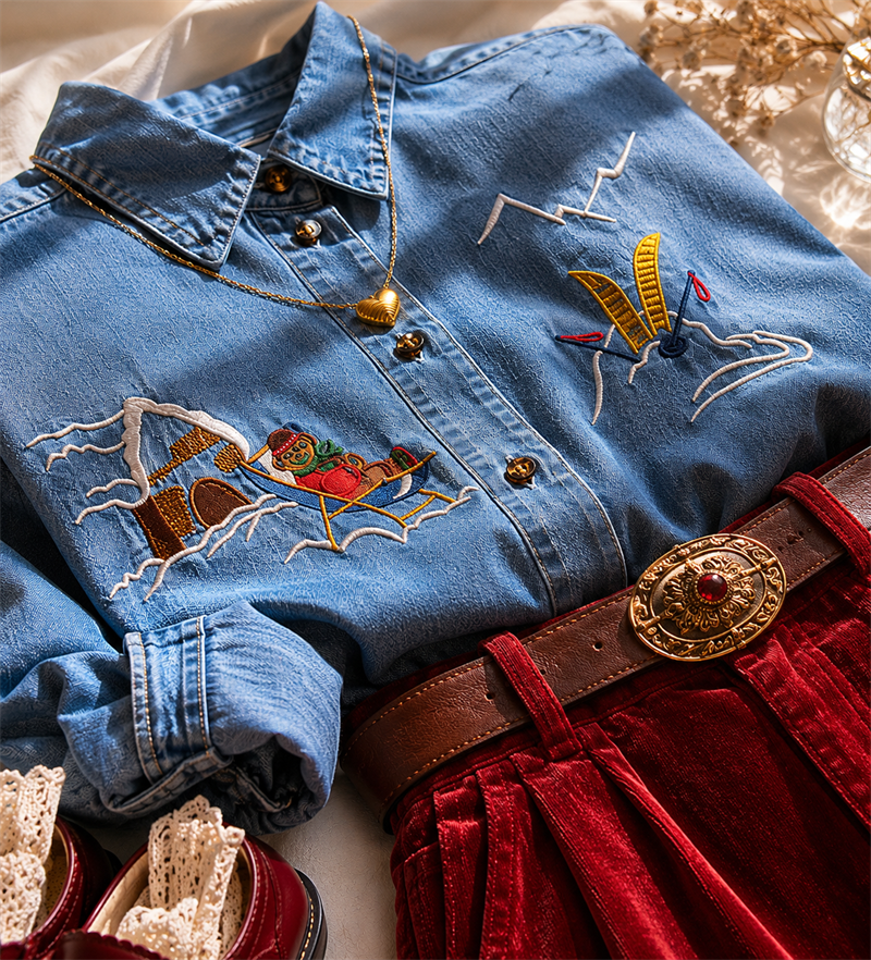 Nakışlı 1990s Denim Gömlek