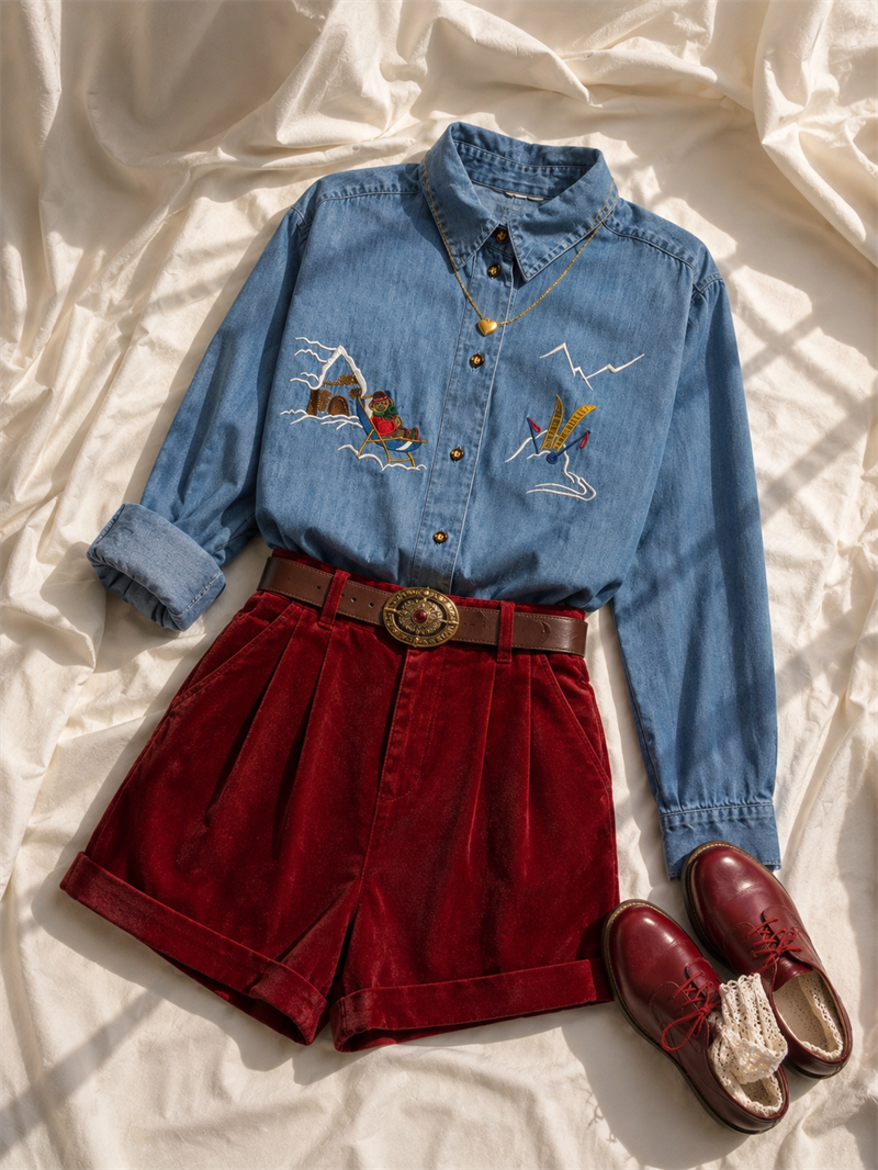 Nakışlı 1990s Denim Gömlek