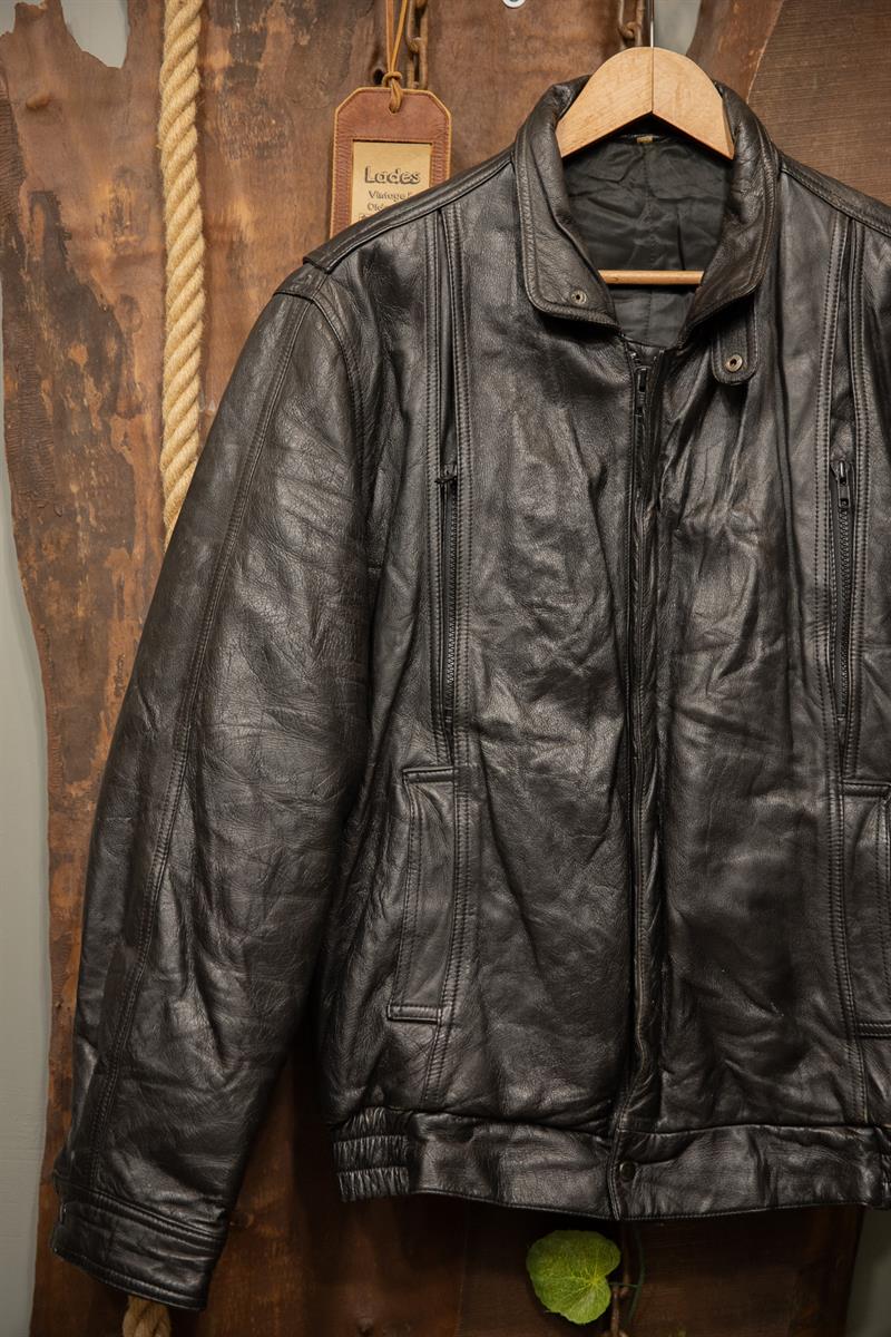 Oversize 90s Black Bomber Deri Ceket