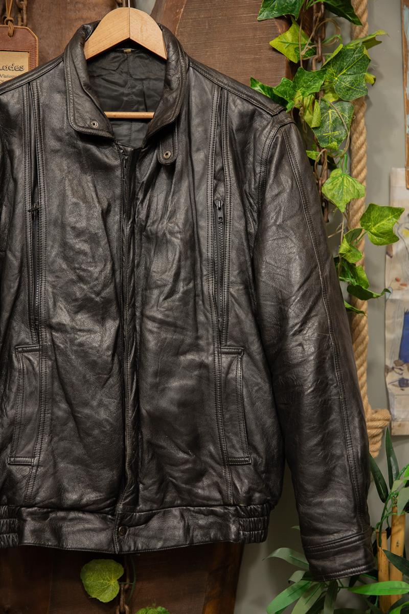 Oversize 90s Black Bomber Deri Ceket