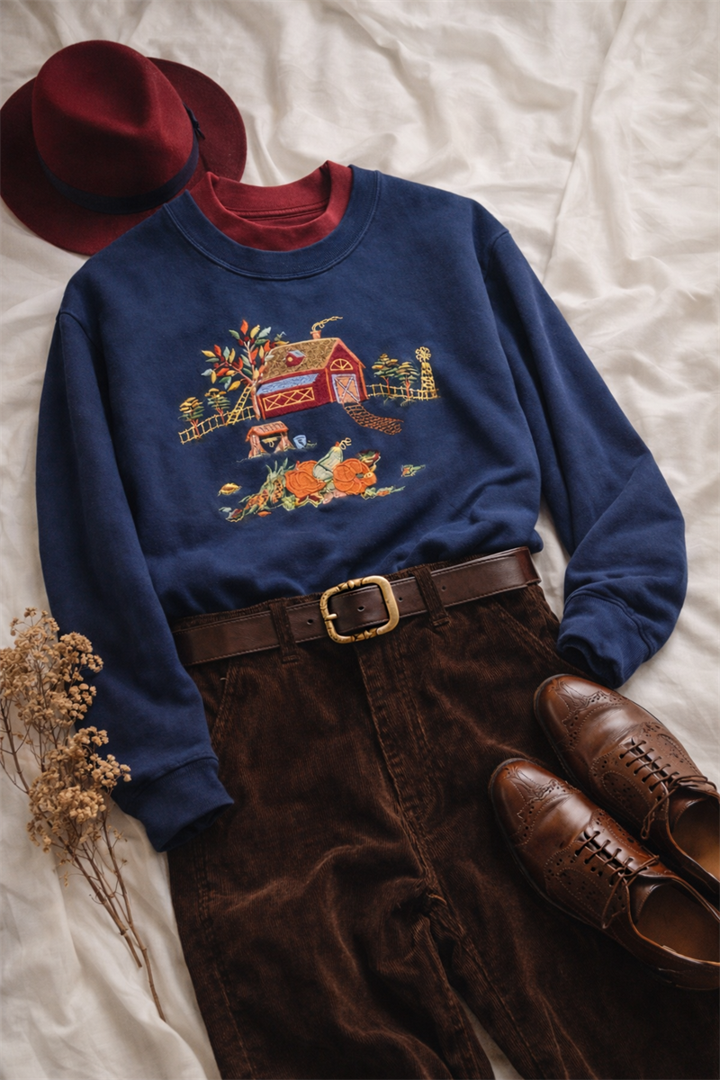 Oversize Navy Maroon Nakışlı Sweat