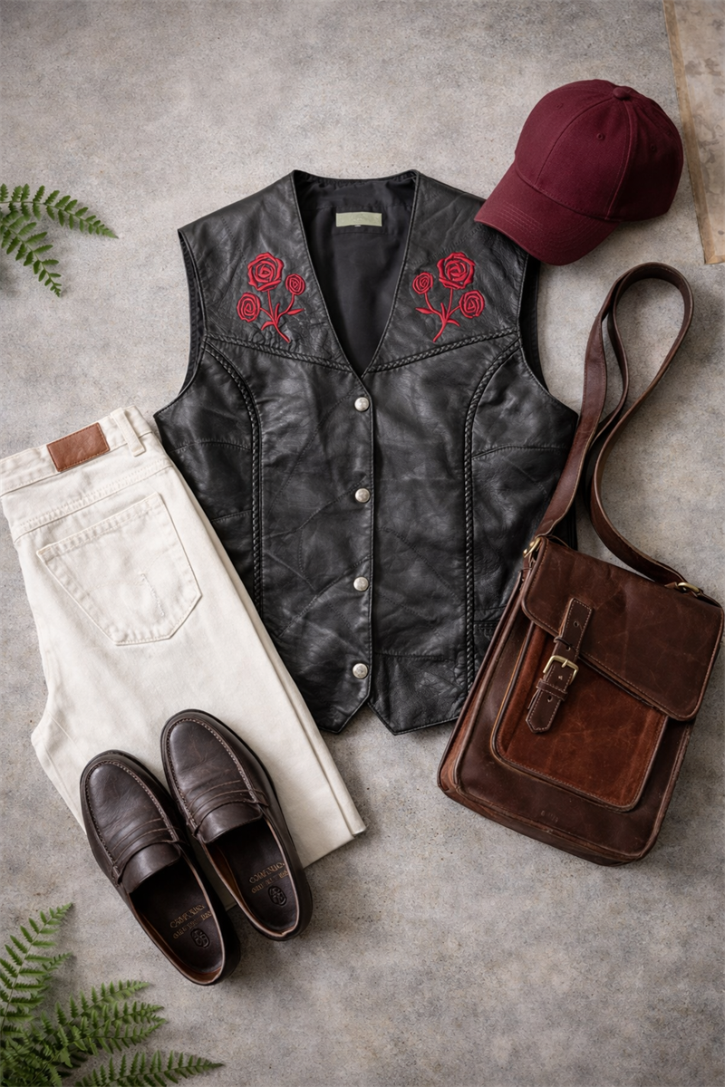 Plate Rose 80s Vest Deri Yelek