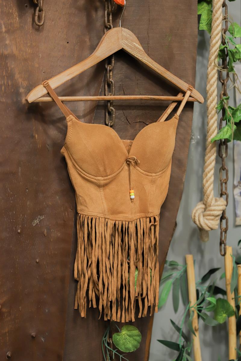 Püsküllü Festival Brown Suede Crop