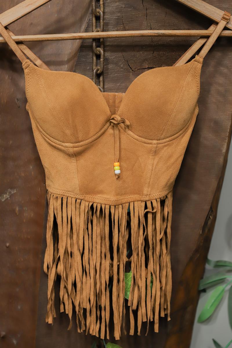 Püsküllü Festival Brown Suede Crop