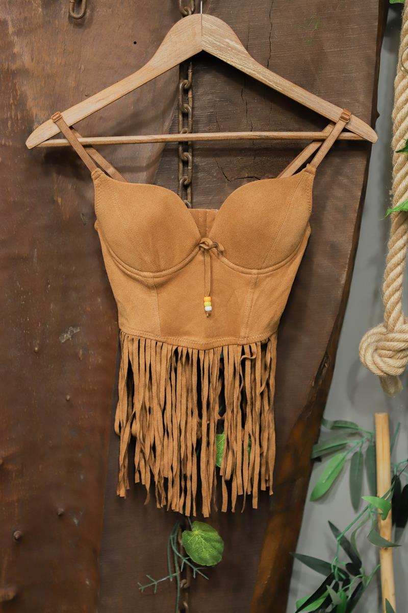 Püsküllü Festival Brown Suede Crop
