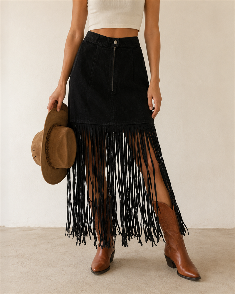 Püsküllü Western Black Suede Etek