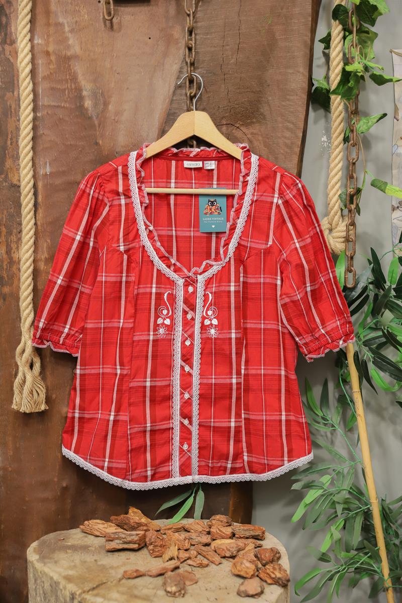 Red Plaid Lace Nakışlı Bluz