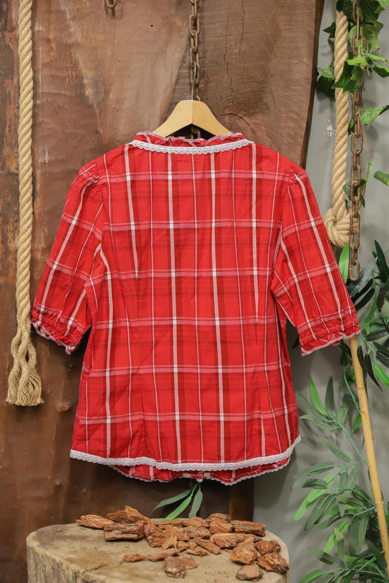 Red Plaid Lace Nakışlı Bluz