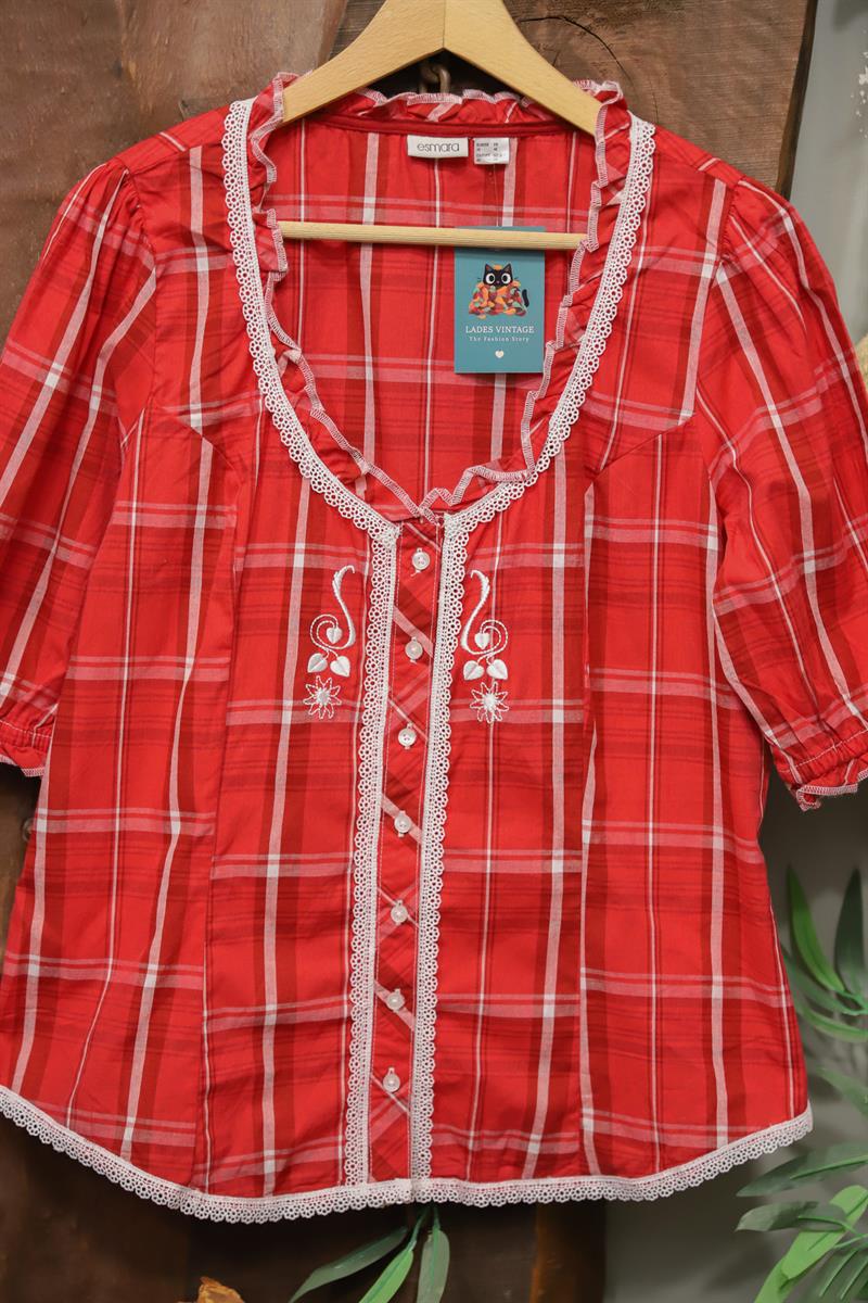 Red Plaid Lace Nakışlı Bluz