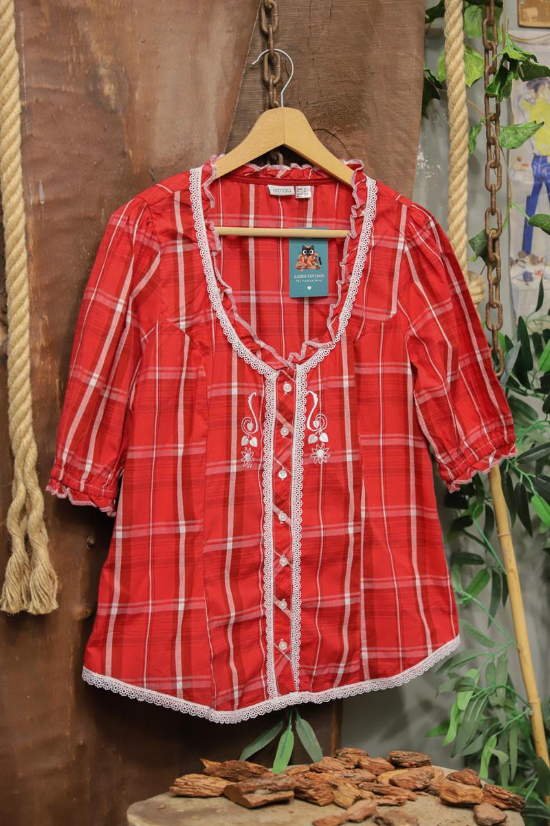 Red Plaid Lace Nakışlı Bluz
