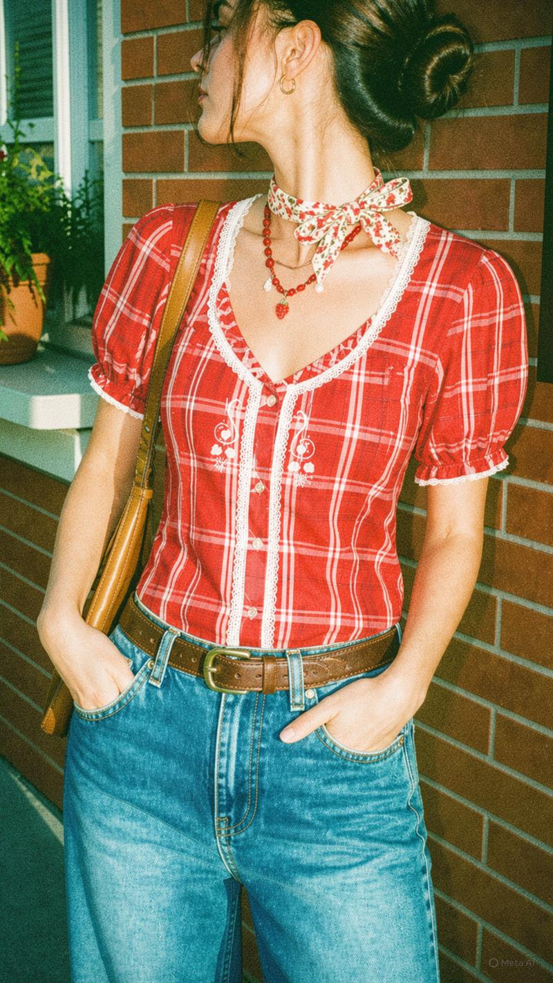 Red Plaid Lace Nakışlı Bluz