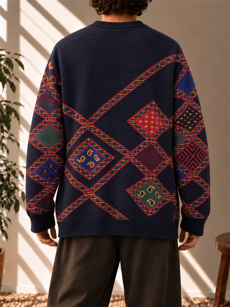 Şal Desenli Oversize Preppy Kazak