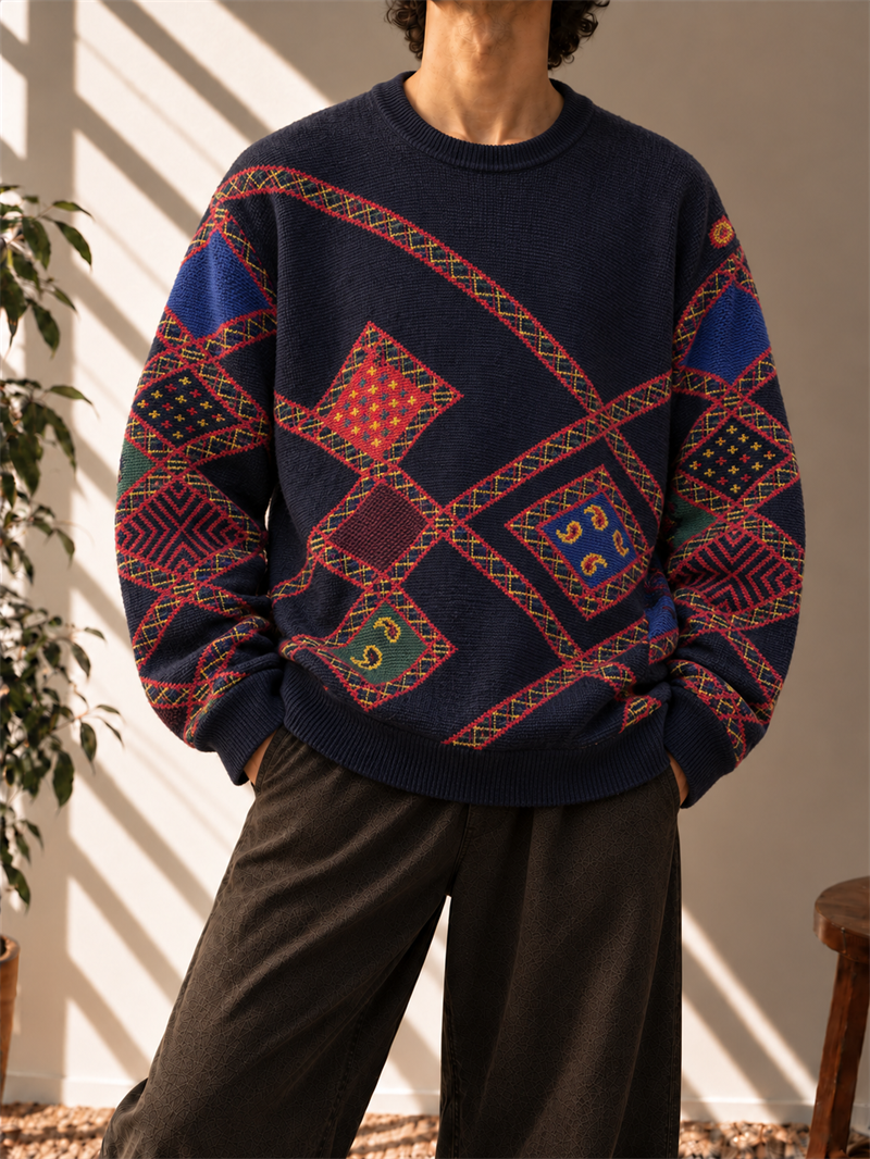Şal Desenli Oversize Preppy Kazak