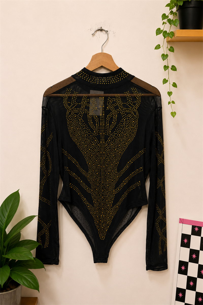 Transparan Y2K Altın Zımba Tül Body