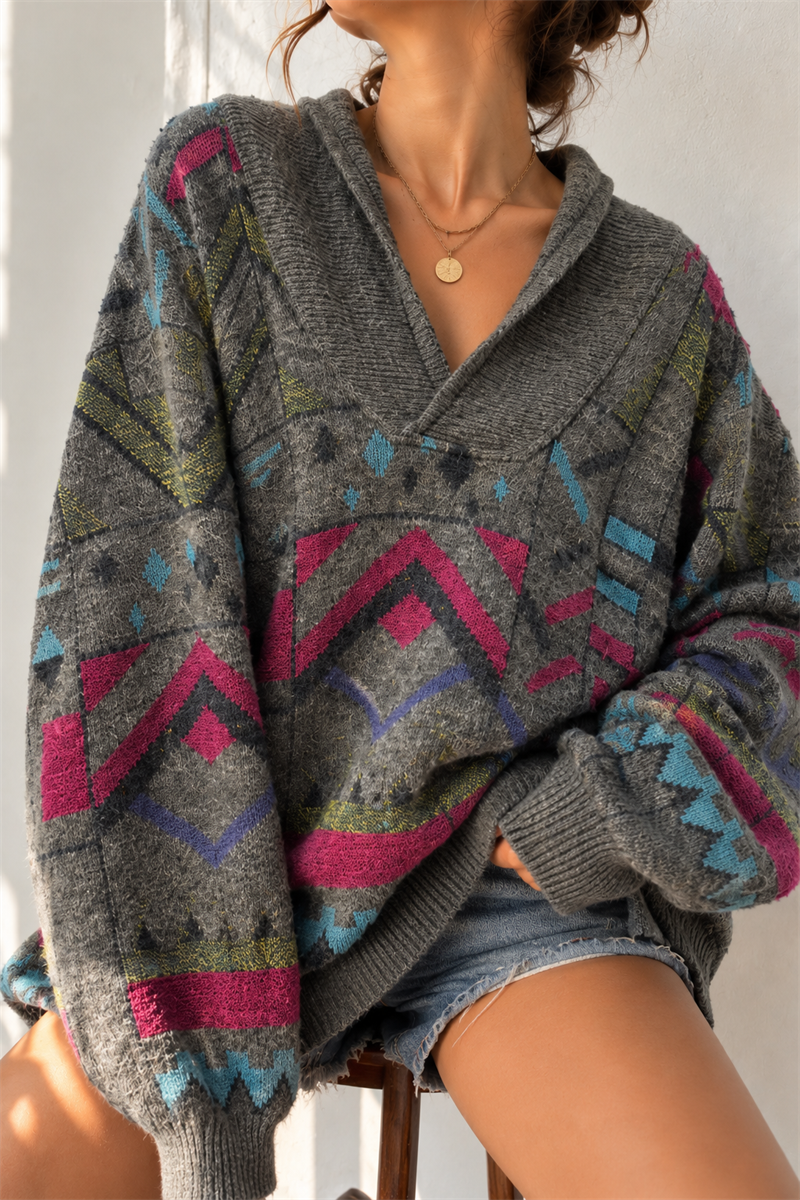 V Yaka Kırçıllı Oversize Kazak