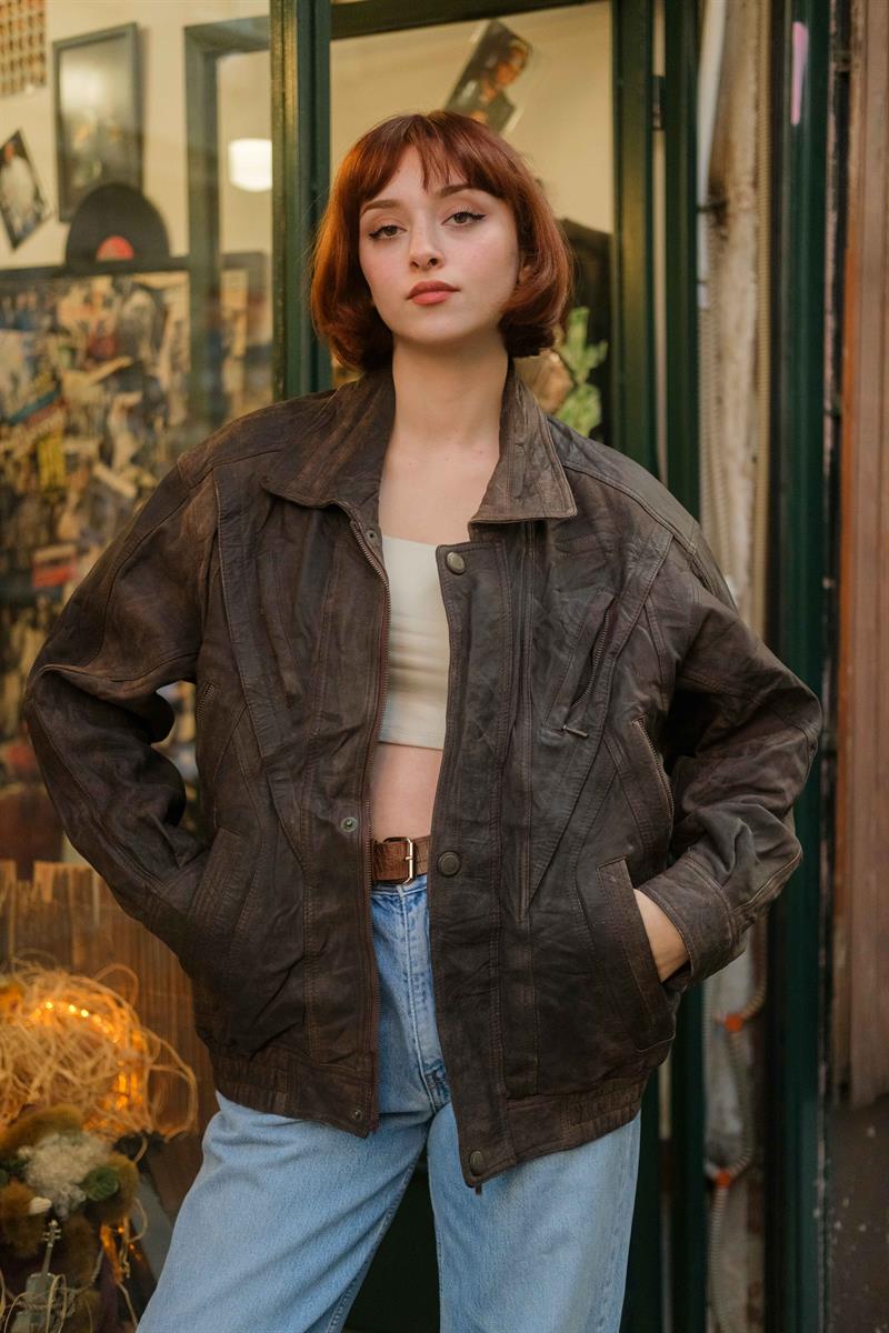 Vintage Acı Kahve Bomber Deri Ceket