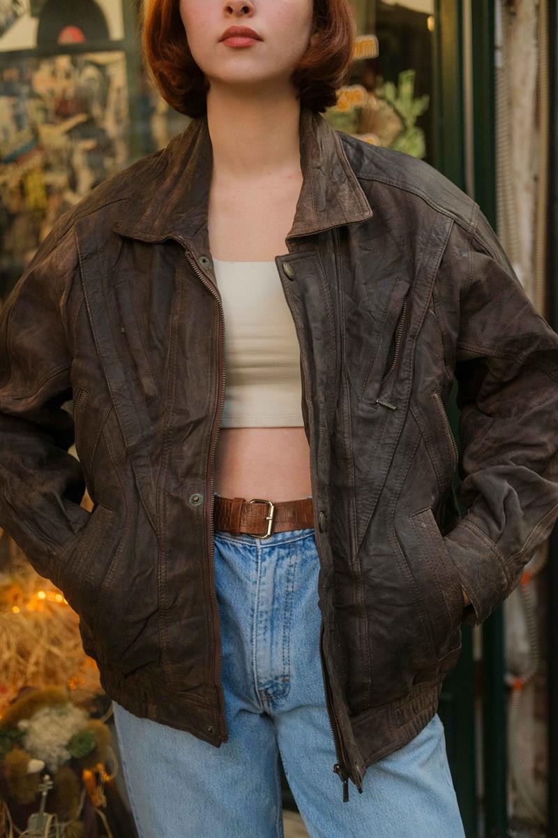 Vintage Acı Kahve Bomber Deri Ceket