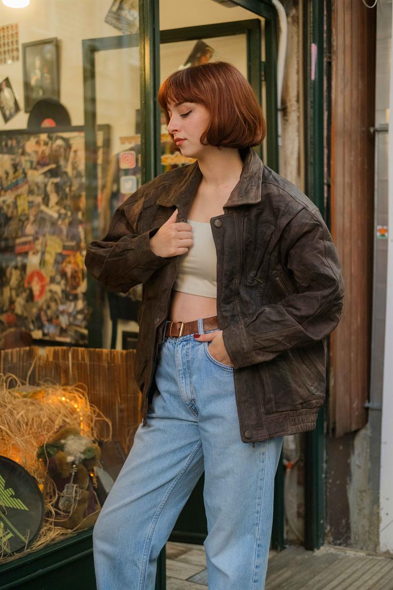 Vintage Acı Kahve Bomber Deri Ceket
