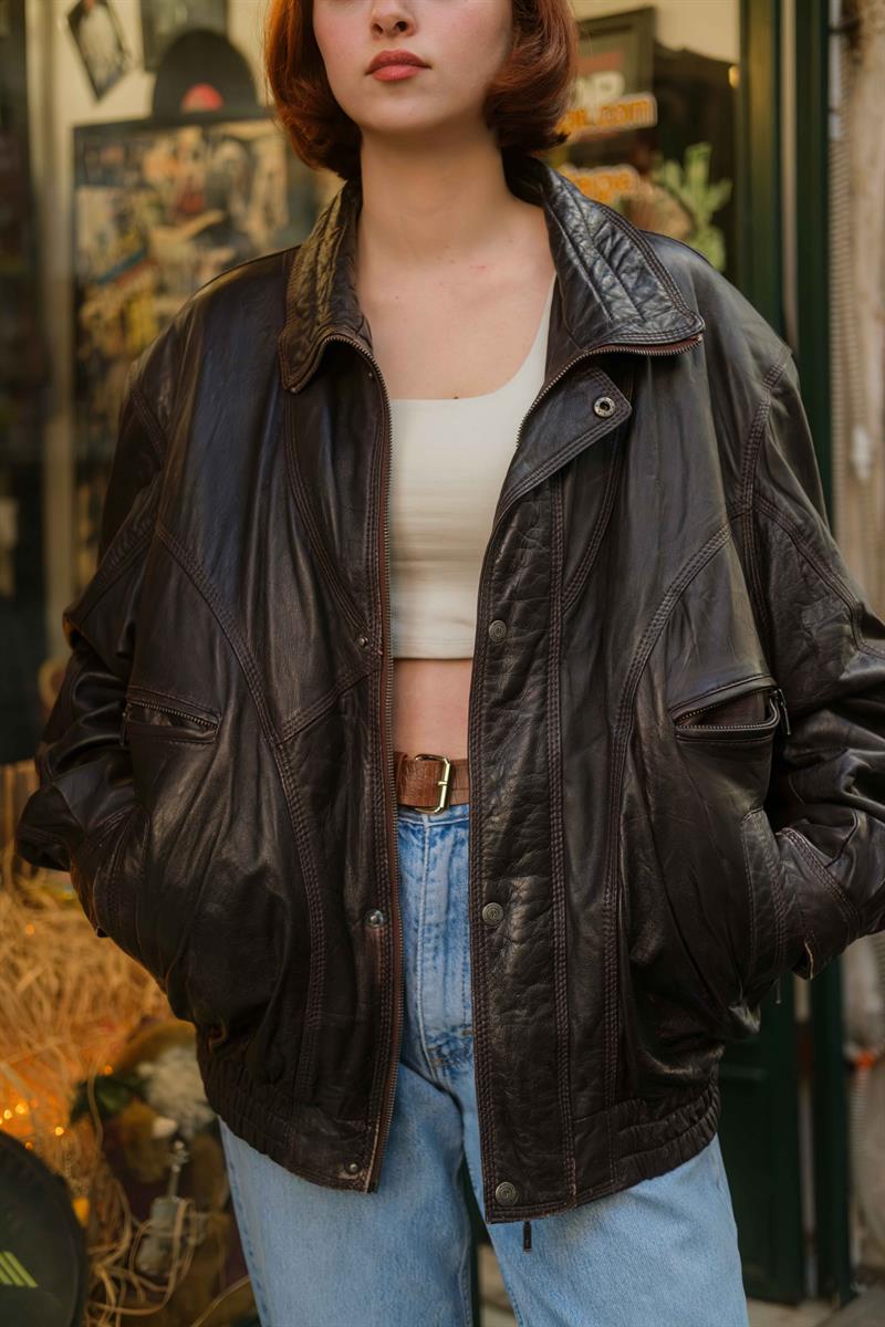 Vintage Acı Kahve Bomber Unisex Deri Ceket